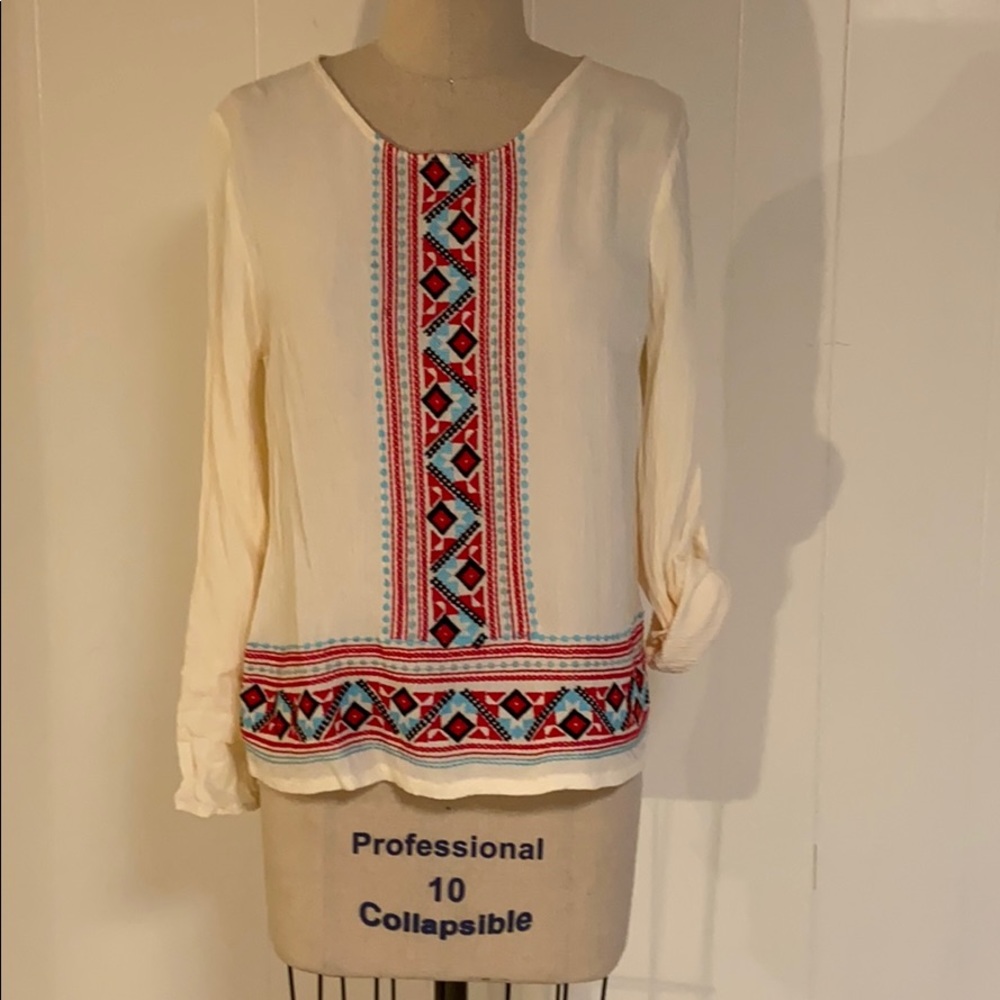Anthro embroidered woven tab sleeve top